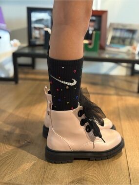 Pink Kids Lace-Up Boots with Black Ribbon Laces & Bedazzled Nike socks